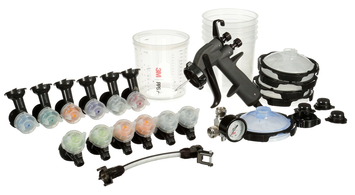 Image showing the full 3M™ Performance Spray Gun for industrial. It shows the Alt text:  3M™ Performance Spray Gun, 12 nozzles, pressure whip, PPS 2.0 cups, filters, liners and lids, airflow control valve, and sealing plugs.
