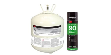 Image of 3M™ HoldFast 70 Cylinder Spray Adhesive and a can of 3M™ Hi-Strength 90 Spray Adhesive
