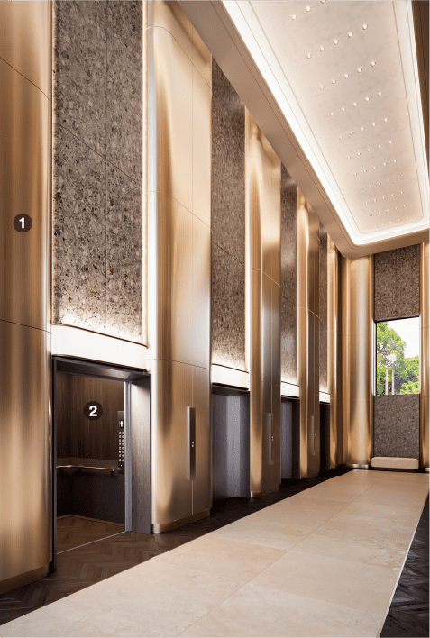 Elevator hallway refreshed with metallic wall finishes
