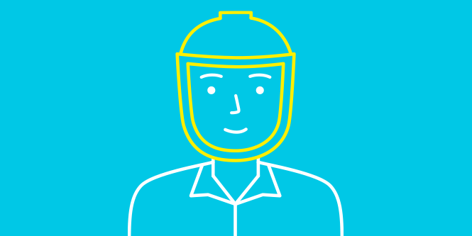 Illustrated GIF of 3 different characters wearing different types of respiratory protection on light blue background.
