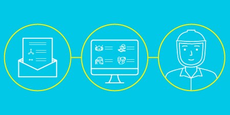 Illustration with blue background and yellow circles with icons of steps from report, to selection, to protection.
