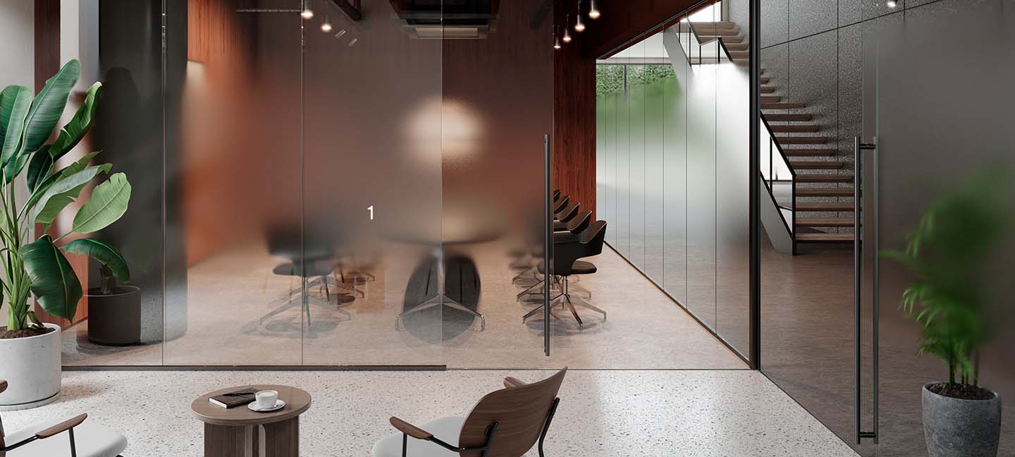 Image of a commercial space displaying a center gradation design of FASARA™ glass finishes.