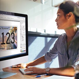 A woman looks at a computer screen that has a vehicle number plate design