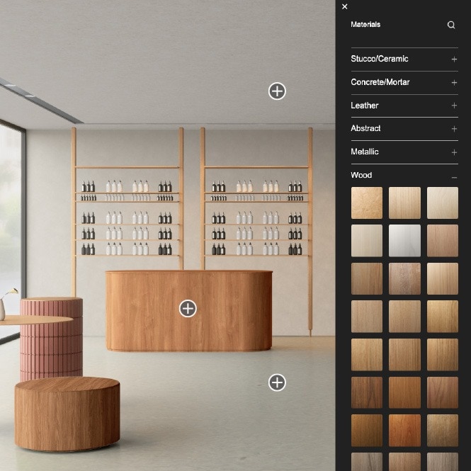 Example interface of Visualiser Tool showcasing wood grain options to be applied to retail interior setting.