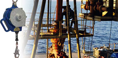 Composite image of slef retracting lifeline and worker at height on offshore drilling rig
