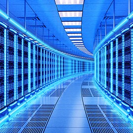 A long hallway with mission critical servers on the side.