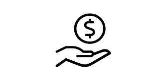 A black icon of a coin in a hand representing cost.
