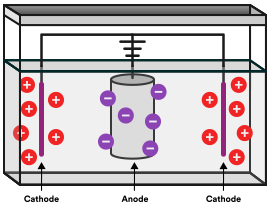 Graphic image of an anode and two cathodes immersed in liquid - showing electrical charges for each