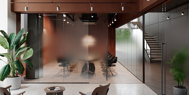 Office environment with the new 2022 FASARA™ Glass Finishes shown on applications.
