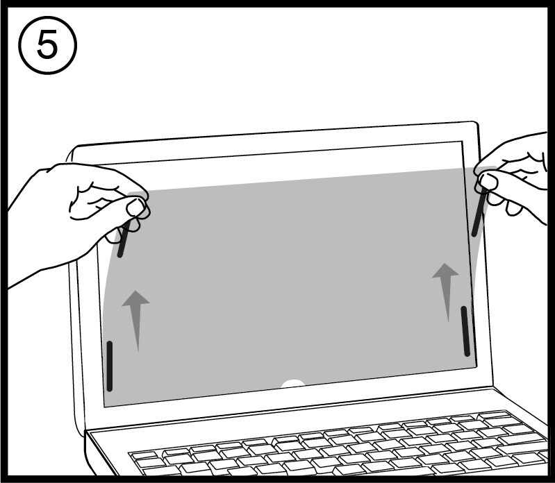 Apply filter bottom to top with COMPLY adhesive strips facing laptop screen.
