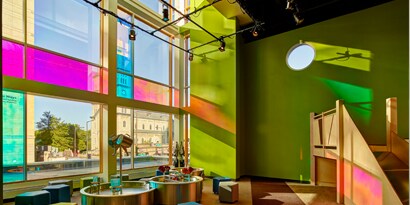 Dichroic decorative window film on interior windows
