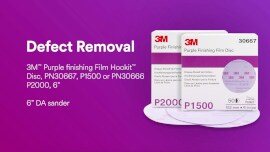 Remove defects with 3M™ Purple Finishing Film Hookit™ Disc, PN30667, P1500 or PN30666 P2000 6