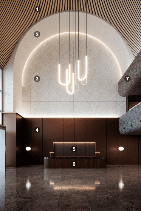 Hotel reception area finished with various colors and textures of architectural finishes
