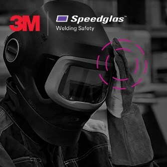 man in welder safety, wearing 3M speedlgas welding helmet taping head

