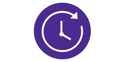 Purple and white icon with clock hands and a continuous circle.
