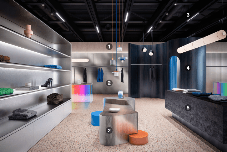 Minimalist retail interior design with metallic architectural finishes
