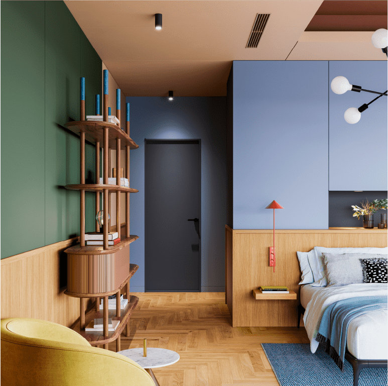 Bold color architectural wall panel designs in bedroom