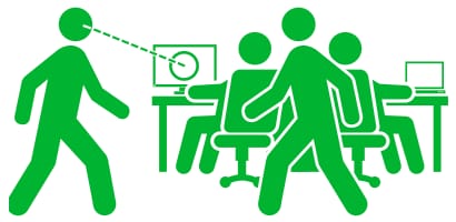 Illustration of person looking at screens in an office
