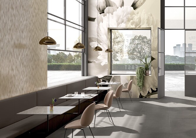 Cafe interior decorated with graphic film covering walls