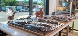 Large trays of chocolates in a sunny window.