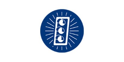 Blue and white line drawing of stoplight with lines emanating from it.
