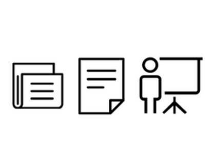 black icons of a PDF and a person presenting