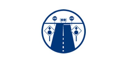 Blue and white line drawing of road with stop-sign-ahead signs, stop signs and road-direction sign.
