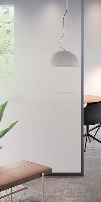 Conference table obscured by a glass panel covered in FASARA Illumina Seamless-PR
