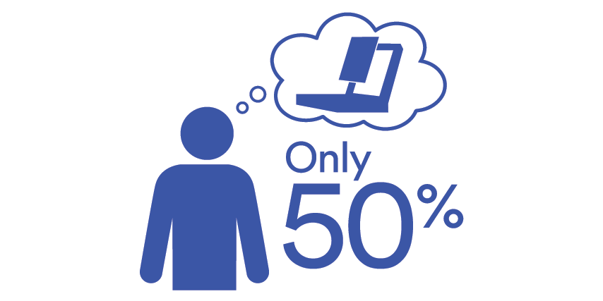 blue and white symbol with text and a person
