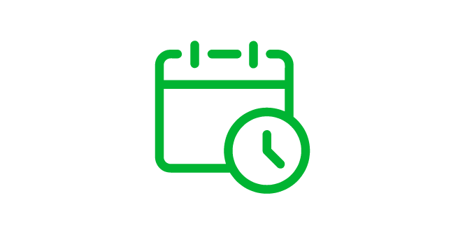 Dark green graphical icon of a calendar and clock, illustrating lasting performance 

