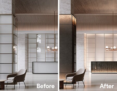 Before and after image of 3M DINOC wall panels and FASARA glass finishes
