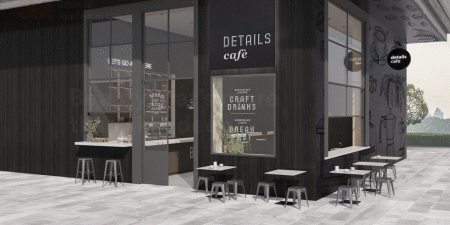 A digital rendering of a café exterior showing how 3M films can be applied for both surface design and functionality.
