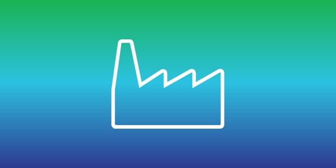 Icon of a factory, highlighting changes in manufacturing processes to minimize environmental impact.
