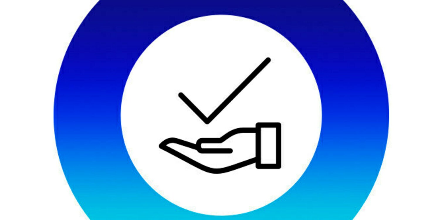Hand with checkmark on top inside blue gradient circle icon
