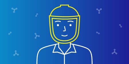 Illustration of smiling worker wearing PAPR mask surrounded by chemical symbols.