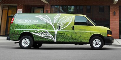 tea company fleet vehicle wrapped in a printable graphic film, designed to best portray their brand
