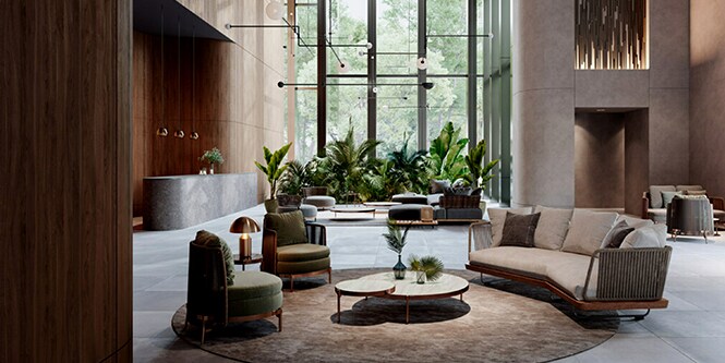 Hotel lobby scene showing a range of DI-NOC™ Architectural Finishes used on the walls and desk.
