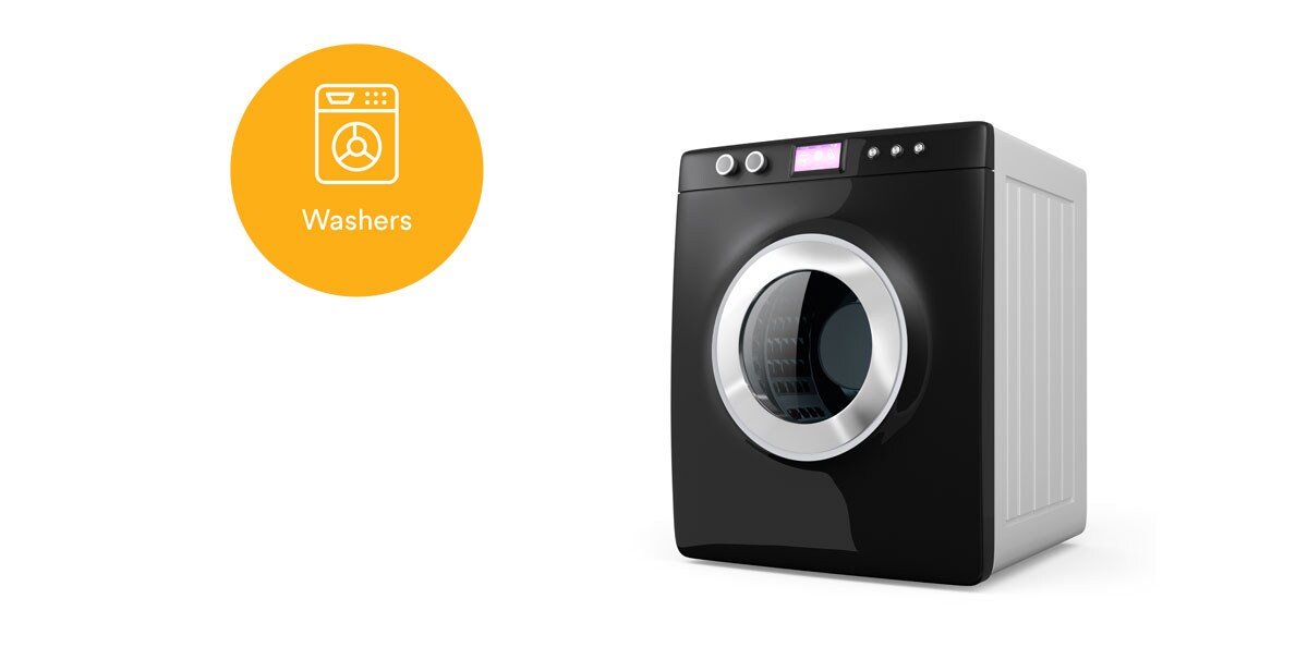 Washer image with clickable dots to learn more about 3M solutions for appliance assembly
