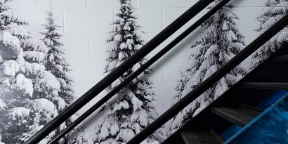 A print wrap film on a staircase wall displays an image of snowy pine trees with white background.
