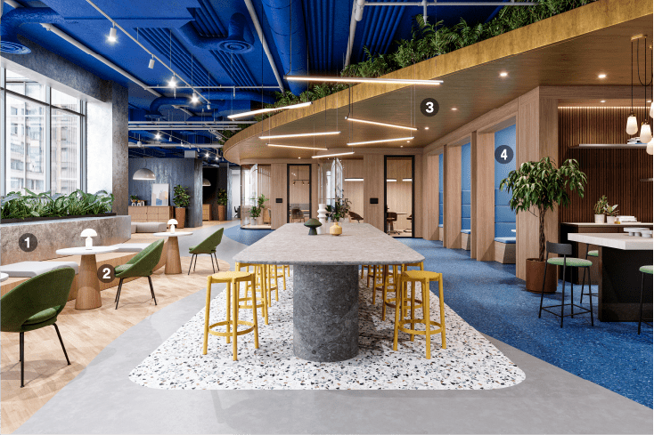 Modern coworking space renovated with bold colors and natural architectural design finishes
