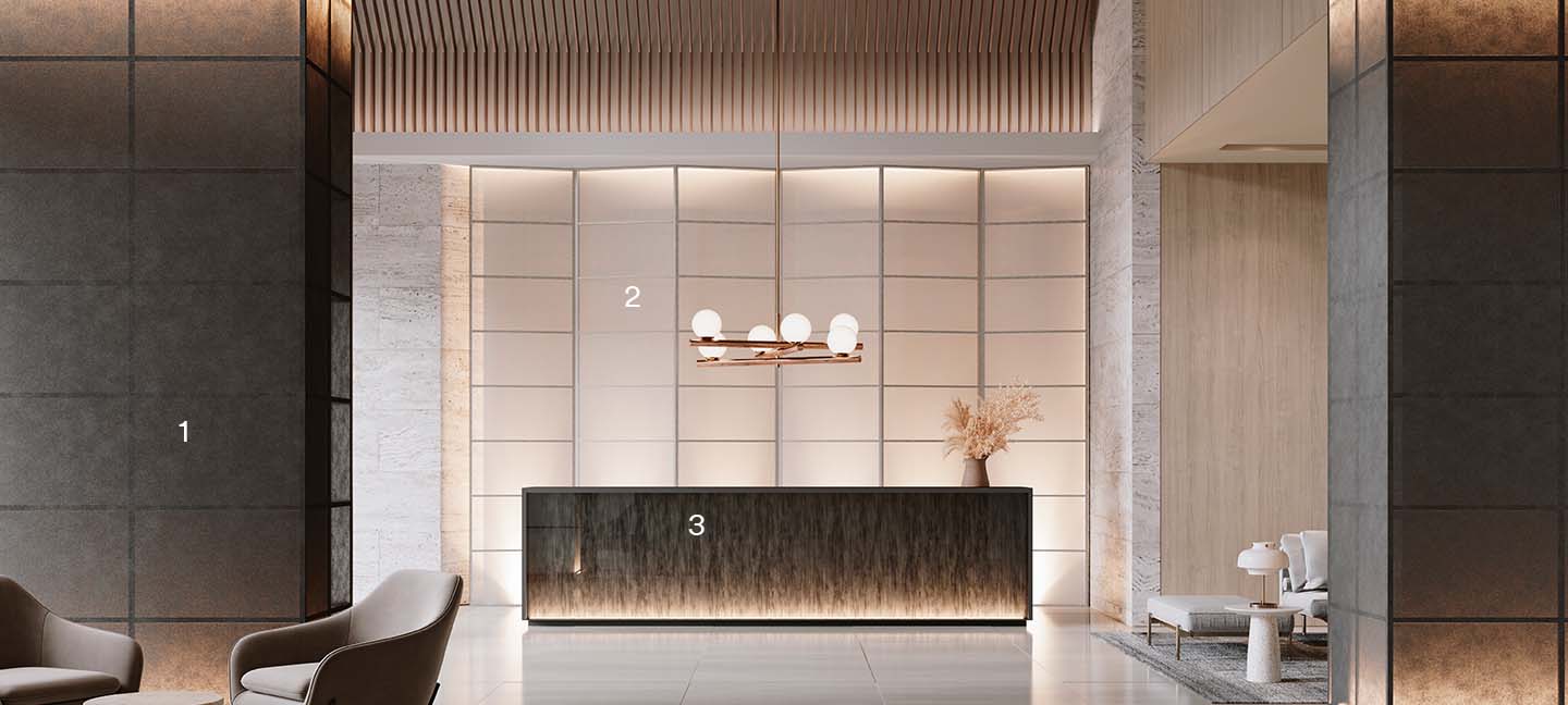 Image of a hotel lobby dispalying multiple options of FASARA™ Glass Finishes.