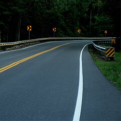 A road with yellow-colored signs.
