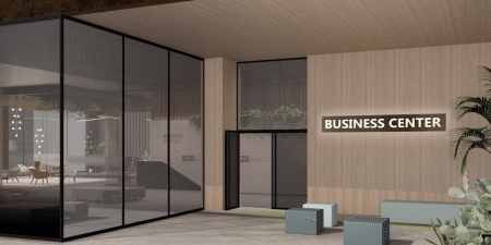A digital rendering of a business center exterior showing how 3M films can be applied for both surface design and functionality.
