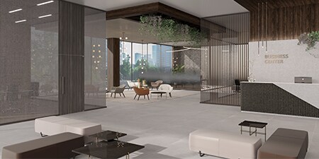 A digital rendering of a business center showing how 3M films can be applied for both surface design and functionality.
