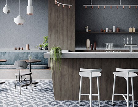 cafe interior with blue tones, stone and wood wall coverings
