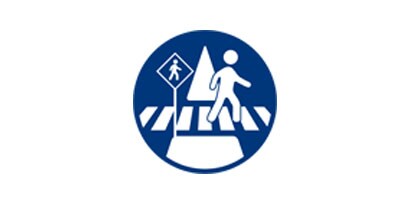 Blue and white line drawing of pedestrian in crosswalk and pedestrian sign.
