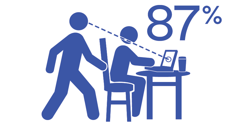 blue pictogram of a person sitting at a desk with a computer
