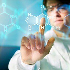 Man touching molecular structure on screen.