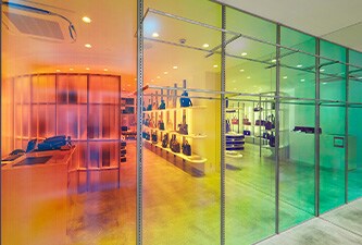 Rainbow colour palette glass wall using 3m Dichroic glass film
