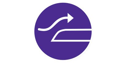 Purple and white icon with an arrow traveling up and over the edge of a dressing.
